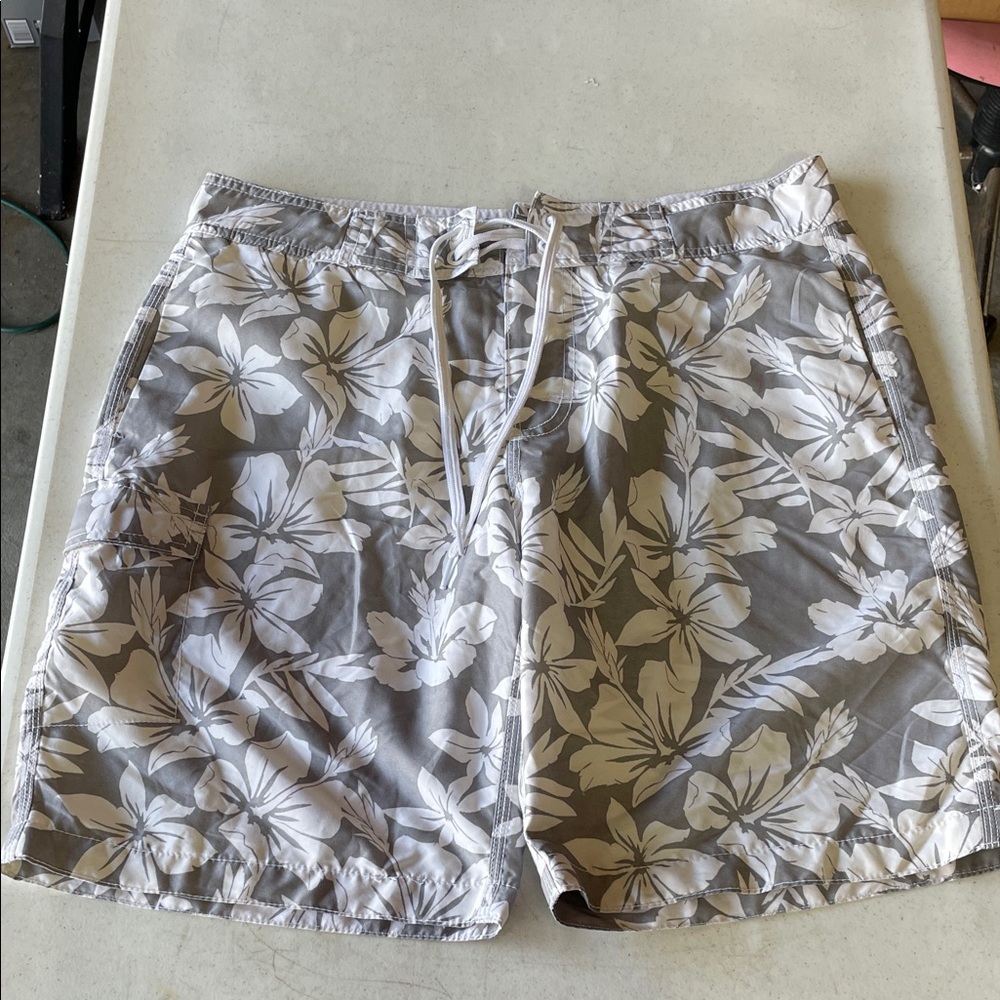 Floral Gray and White Swim Shorts